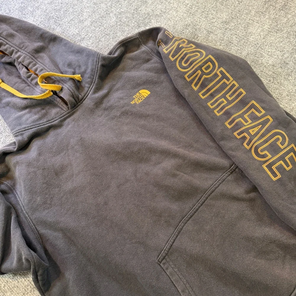 The North Face Mens Sleeve Logo Pullover Hoodie Grey Yellow Large